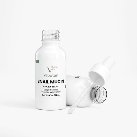 Vibotan snail mucin face serum bottle with dropper on a white background