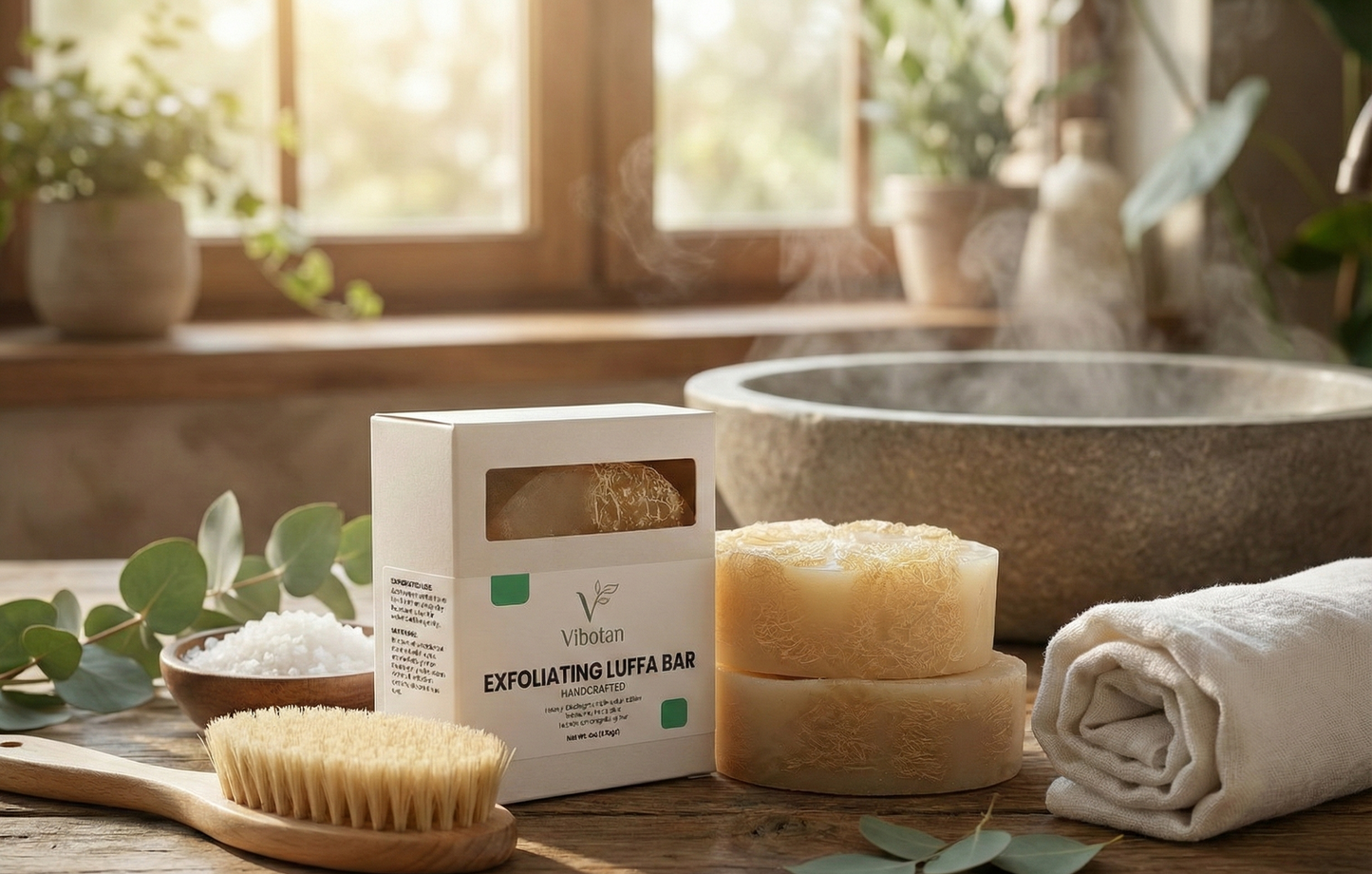 Exfoliating Luffa Bar packaging with natural products on a wooden surface near a window.