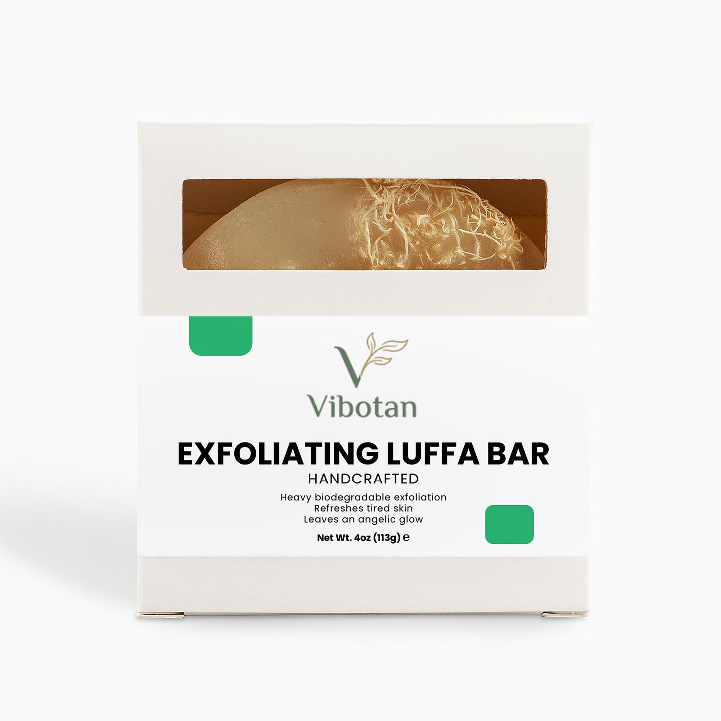Vibotan exfoliating luffa bar packaging on a white background