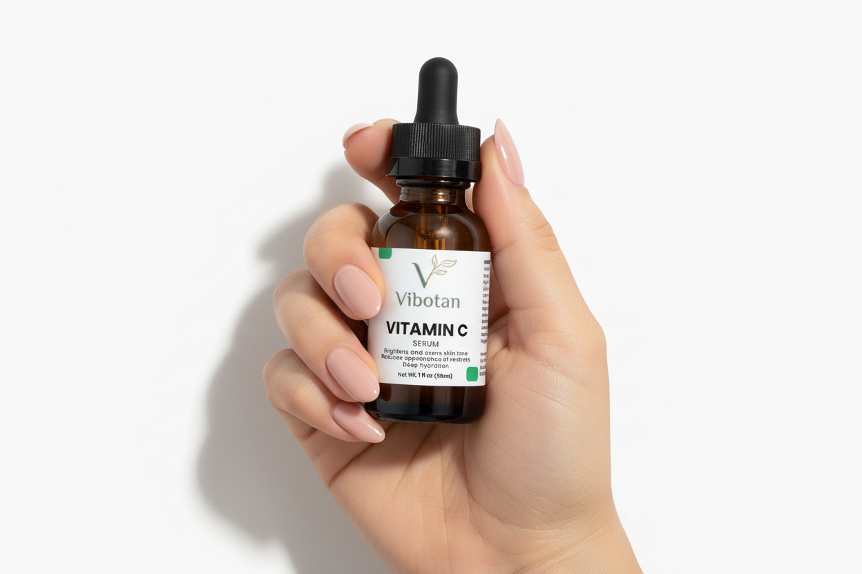 Vitamin C serum bottle with dropper labeled 'VitalDaily' on a white background