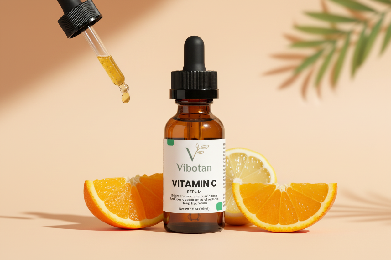 Vitamin C serum bottle with dropper labeled 'VitalDaily' on a white background