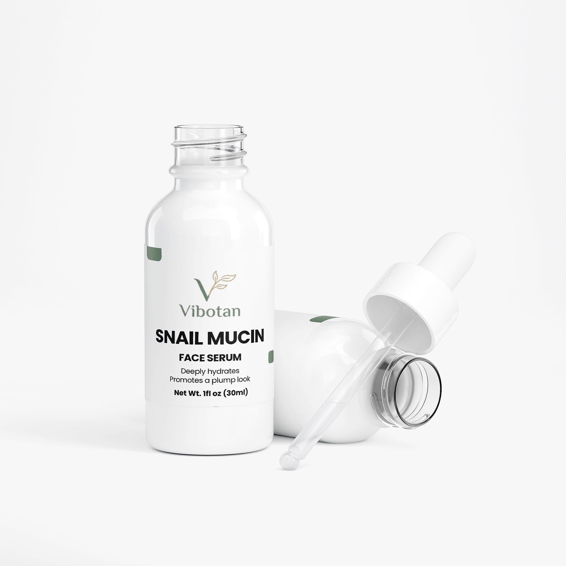 Vibotan snail mucin face serum bottle with dropper on a white background