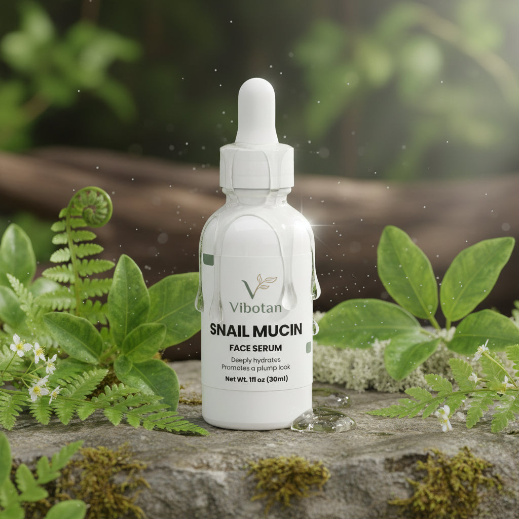 Vibotan snail mucin face serum bottle on a white background