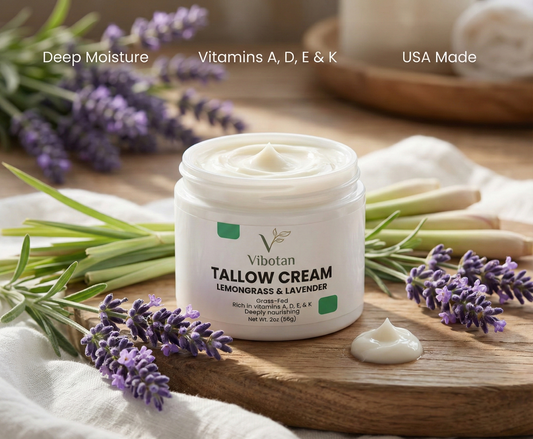 Jar of Vibotan Tallow Cream with lavender flowers on a wooden board