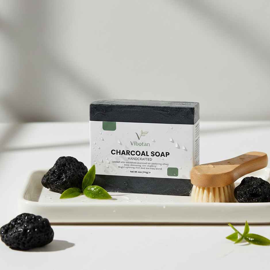 Vibotan charcoal soap with a brush and leaves on a white tray