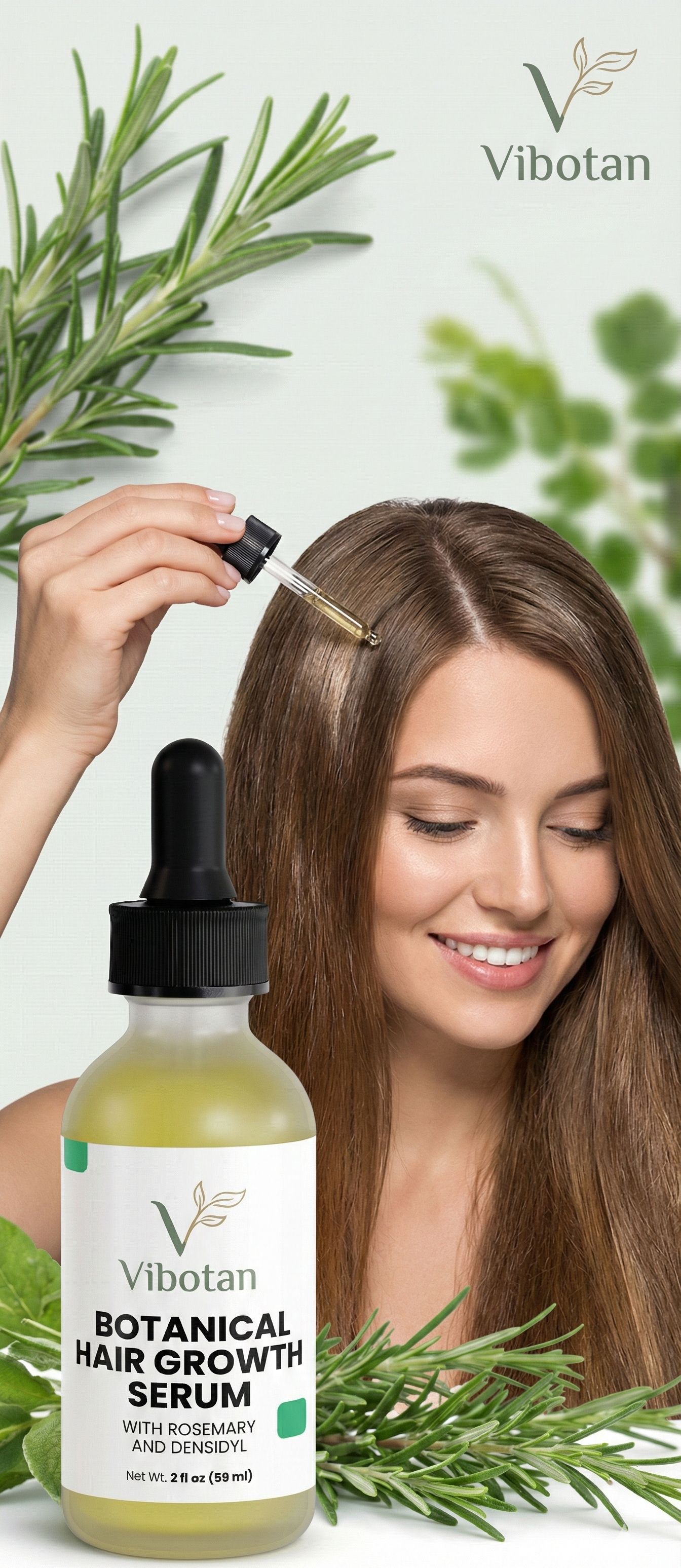 Woman applying Vibotan botanical hair growth serum to her hair with greenery in the background