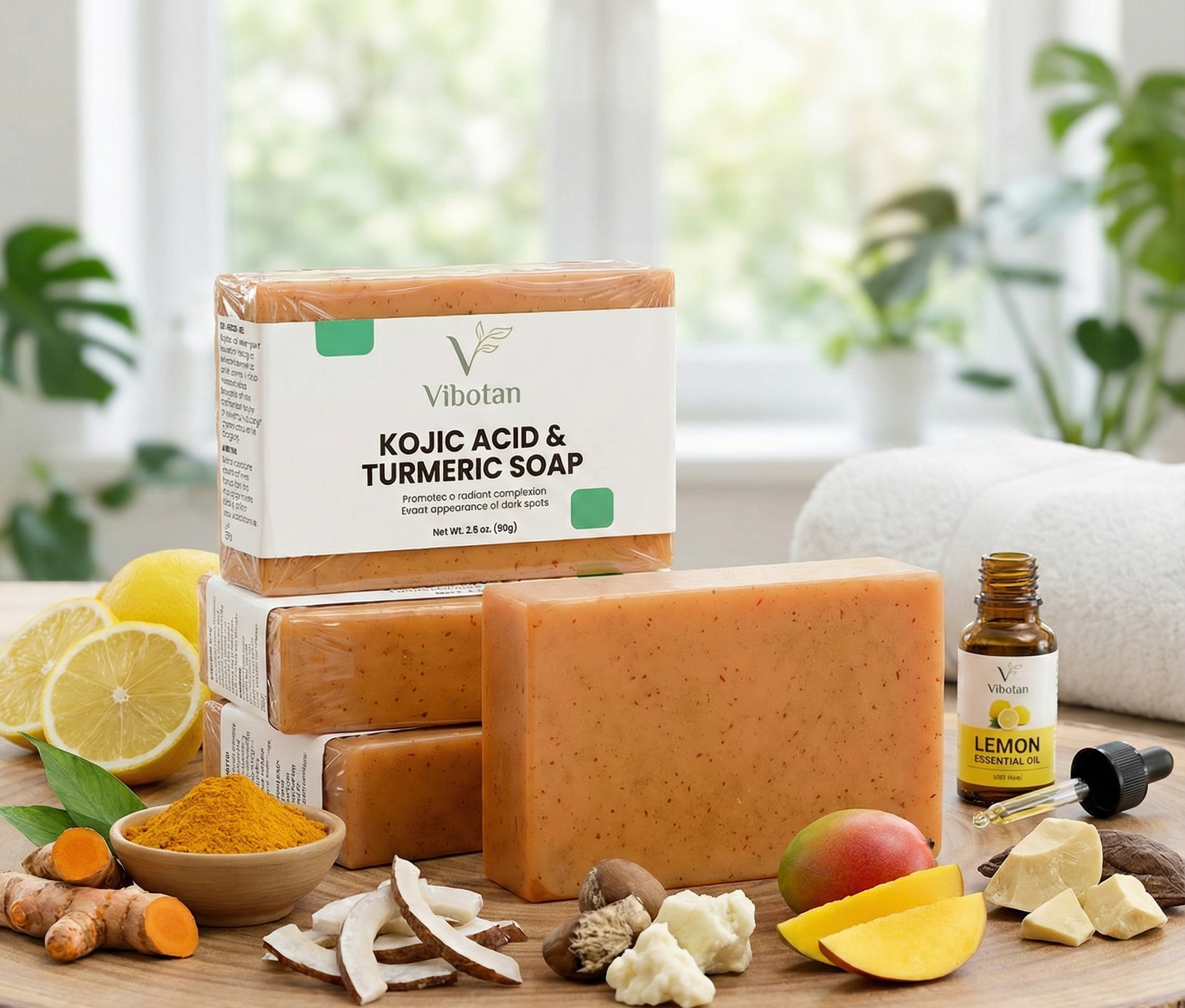 Vibotan Kojic Acid & Turmeric Soap with lemon, turmeric, and mango on a wooden surface.