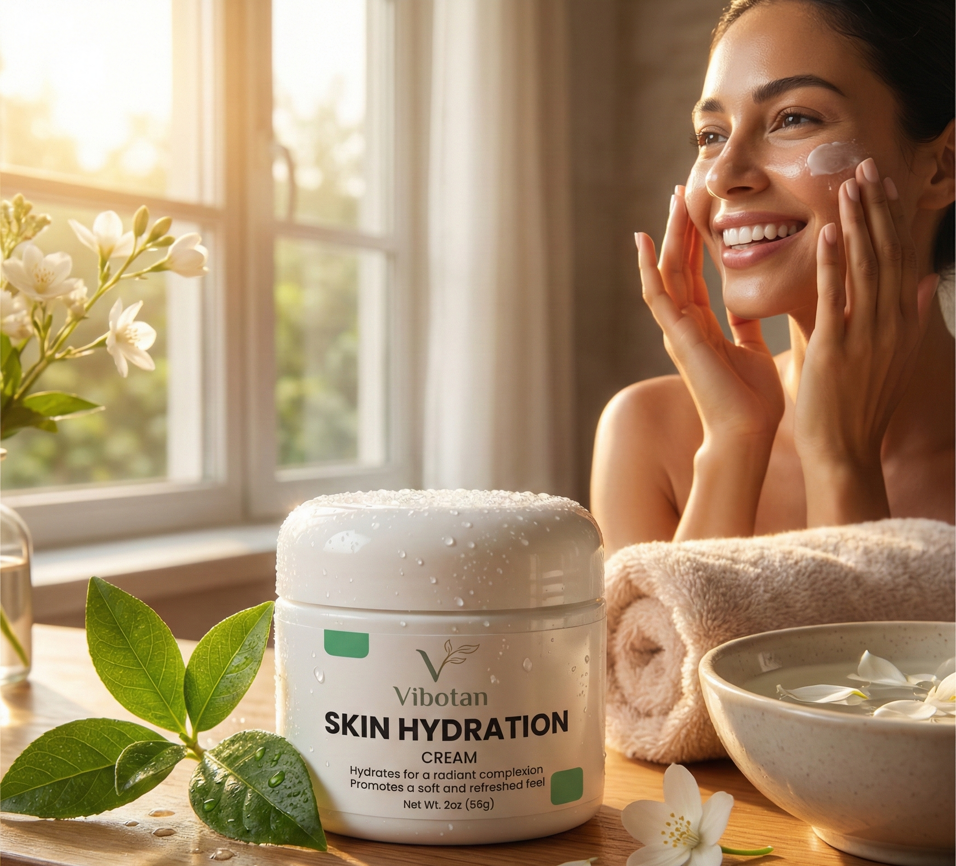 Woman applying cream with a jar of Vibotan Skin Hydration Cream on a wooden surface.